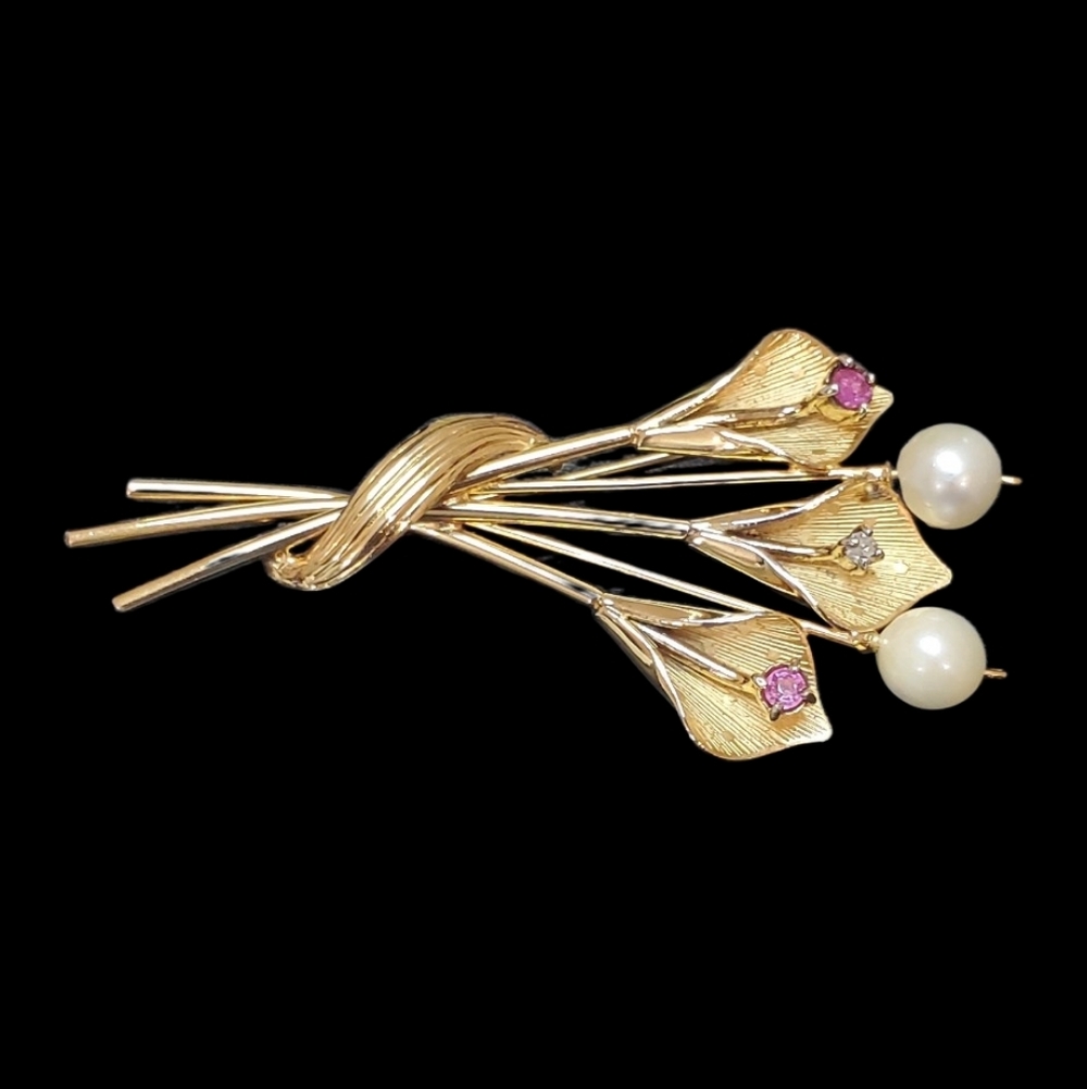 Vintage IPS 12K Gold Filled Pink Spinel, White Pearl & Diamond Calla Lily Brooch